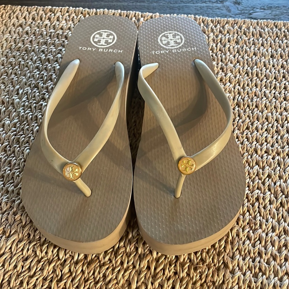 Tory Burch Tan Wedge Flip Flops